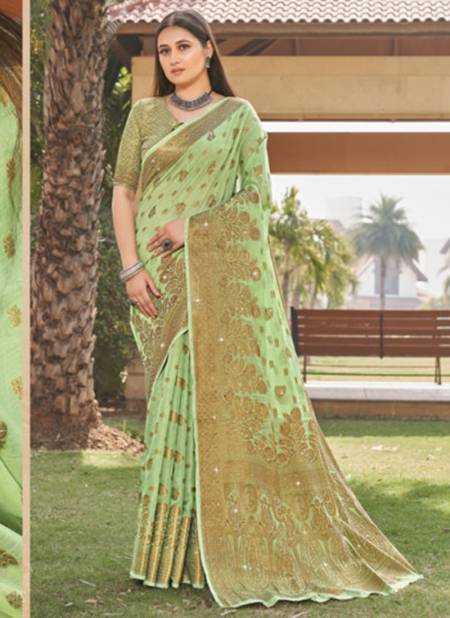 Pista Green Colour SANGAM RAJORI New Designer Ethnic Wear Cotton Swarovski Work Latest Saree Collection 2206